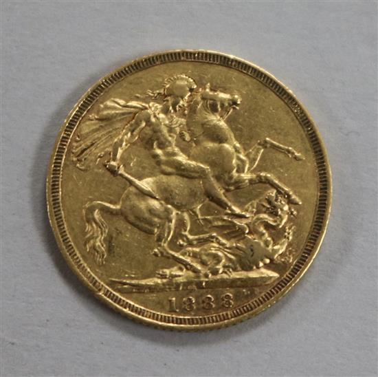 An 1888 gold full sovereign.